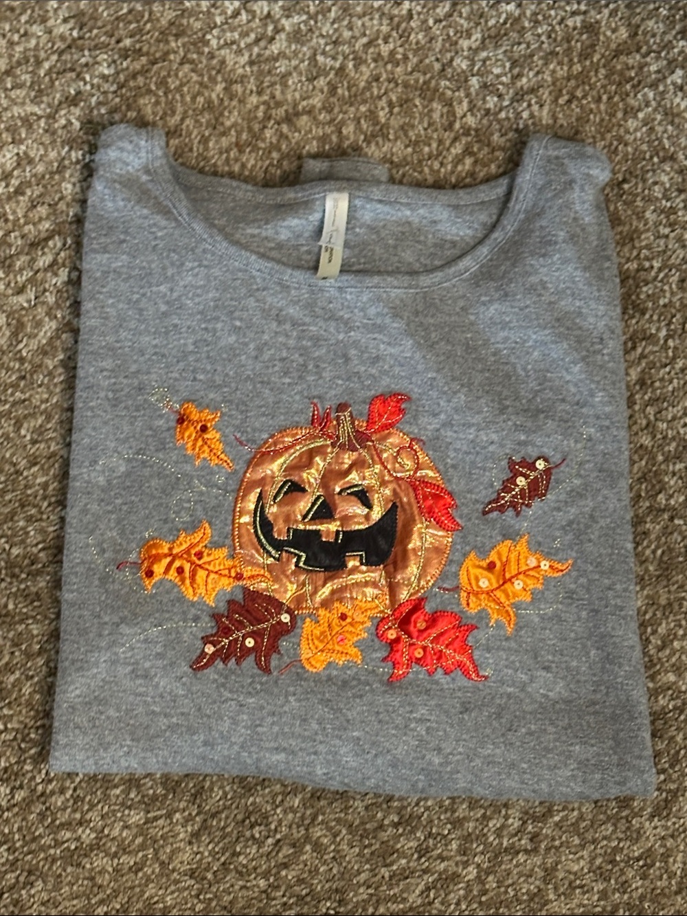 White Stag Gray Long Sleeve Top with Orange Pumpkin & Red, Gold Leaves